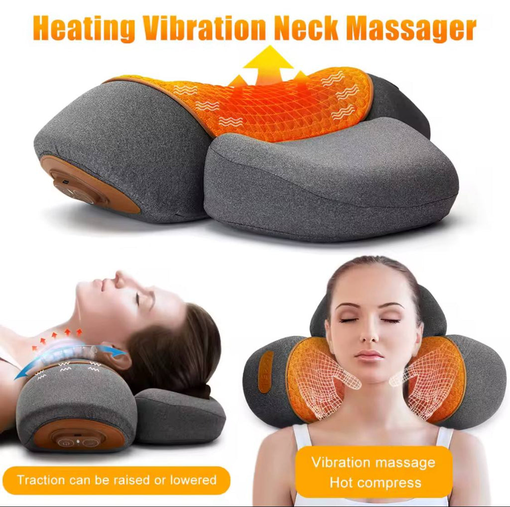 Heating vibration neck massager with text on a white background