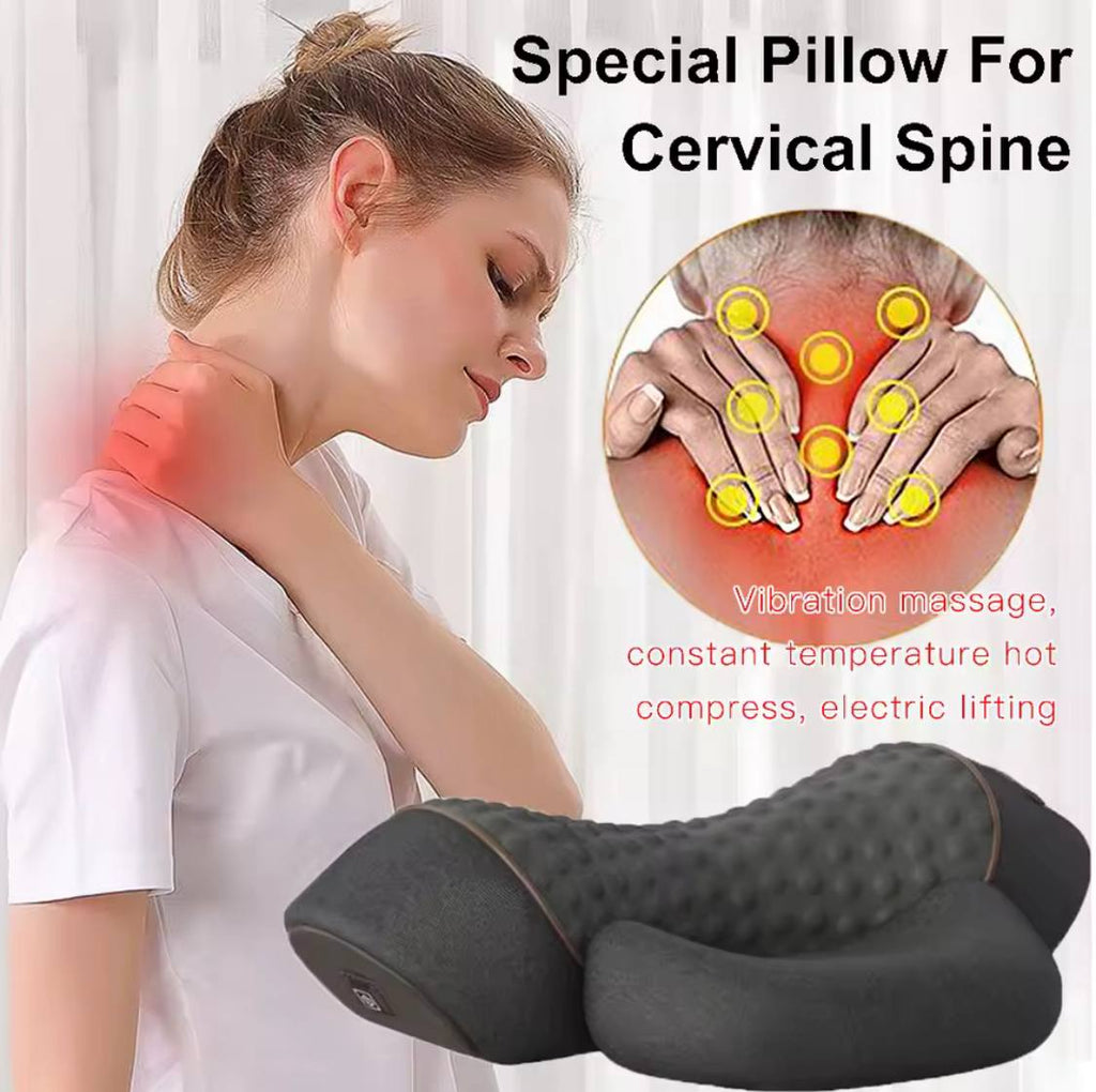 Woman using a special pillow for cervical spine with inset showing vibration points.