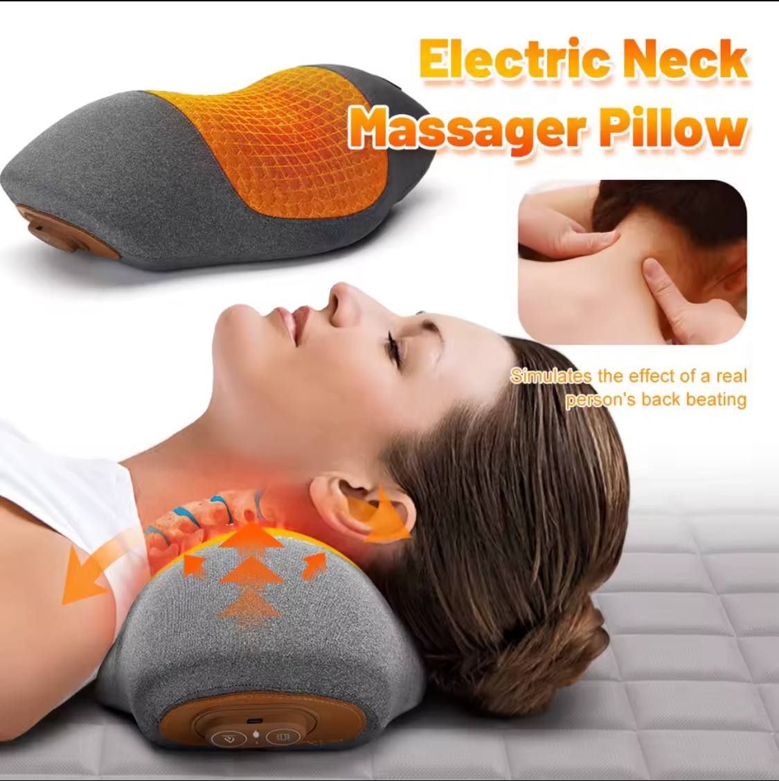 Electric neck massager pillow with a person using it, showing massage effect on neck.