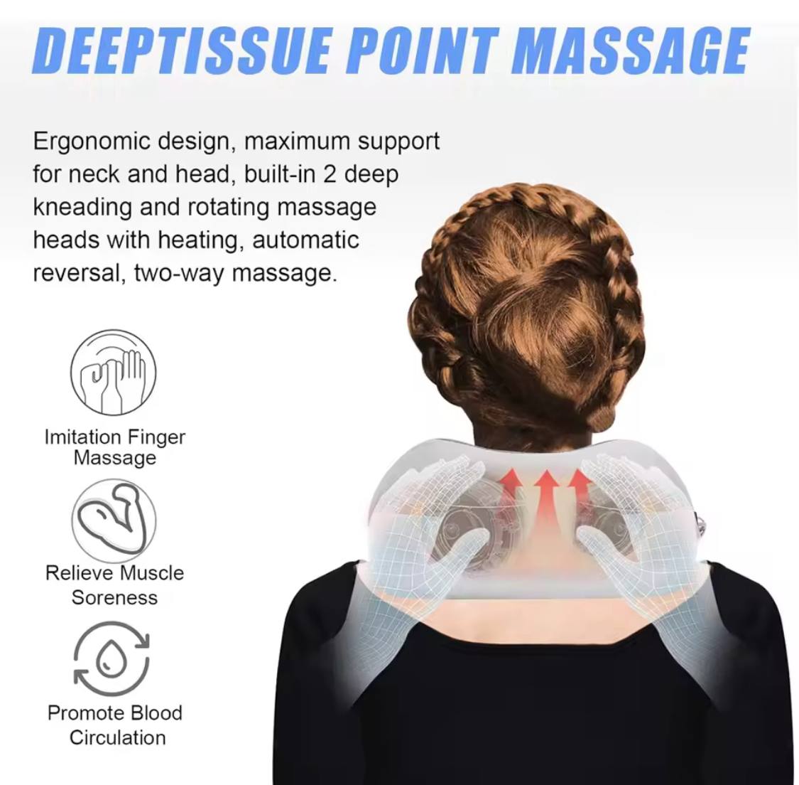 Neck and shoulder massager with text describing features on a white background