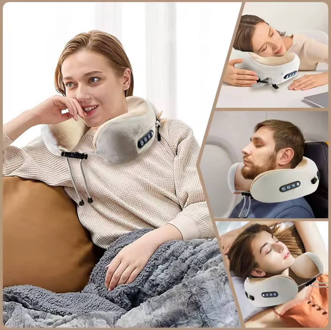 Woman using a neck pillow in various settings, including at home and in a car.