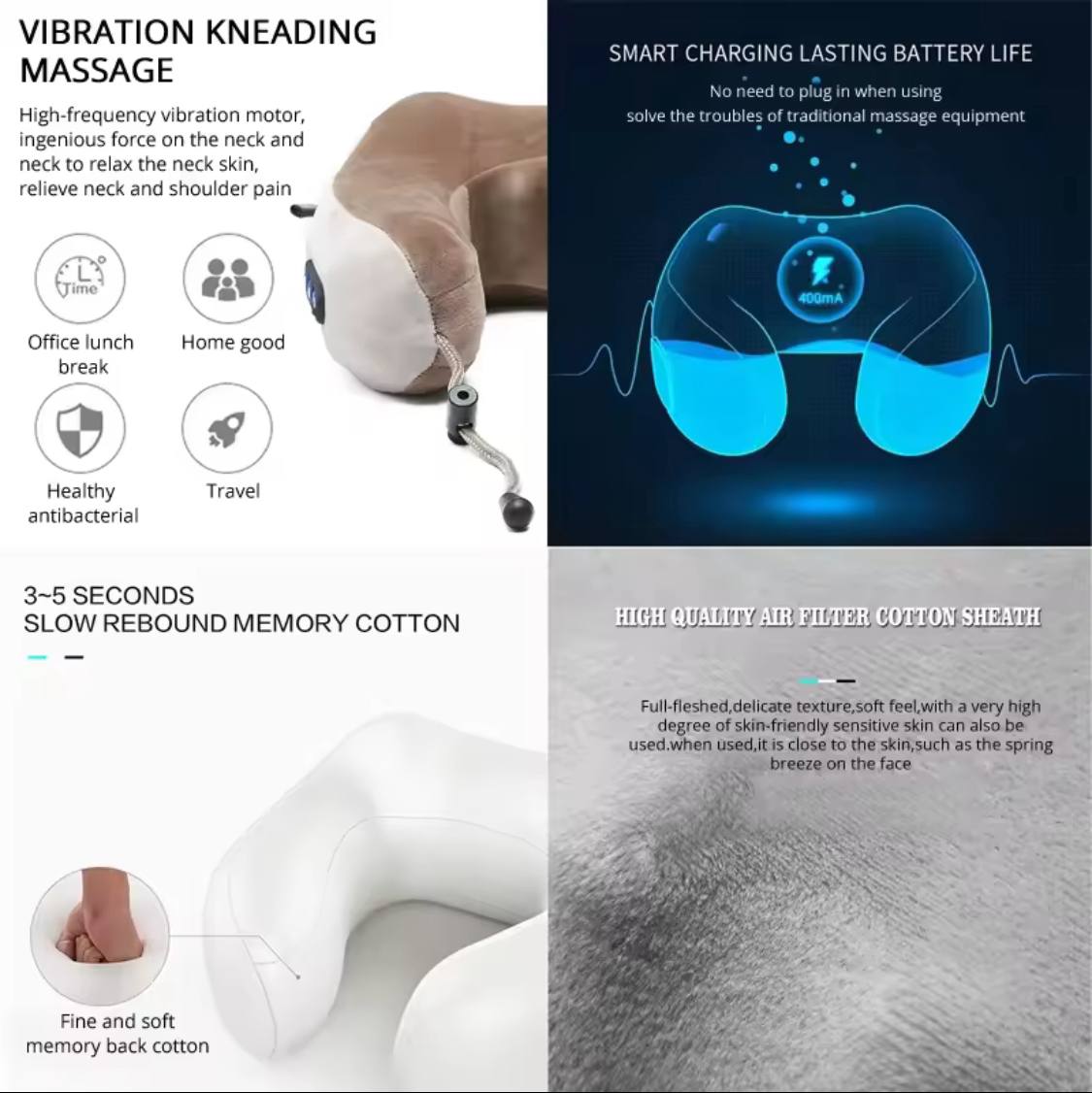 Massage pillow with text on vibration kneading massage, battery life, and comfort features.