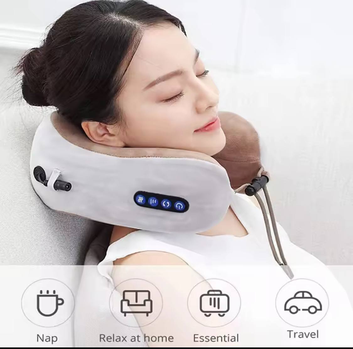 Woman using a neck massager with various usage scenarios displayed below.